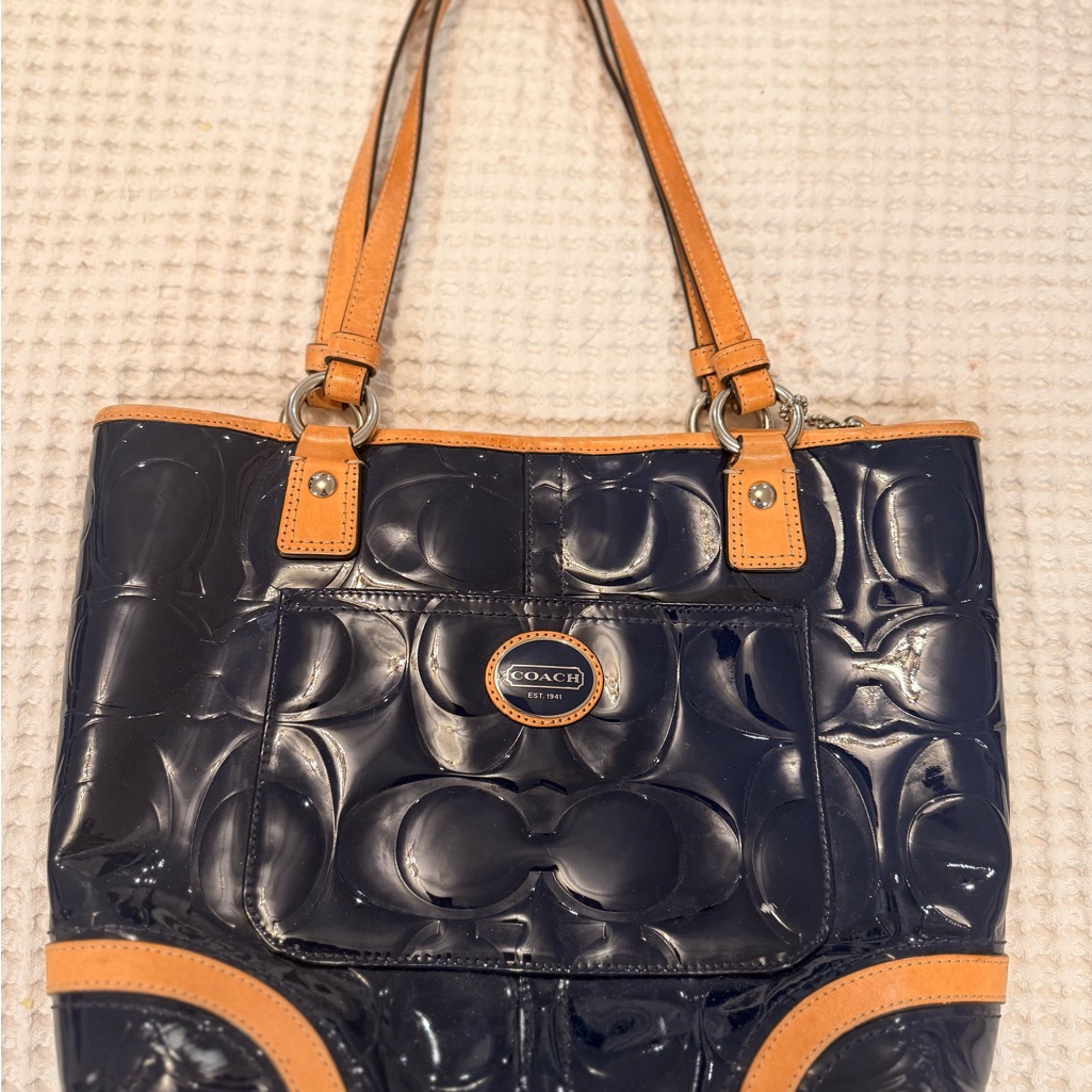 Coach Glossy Black And Tan Tote